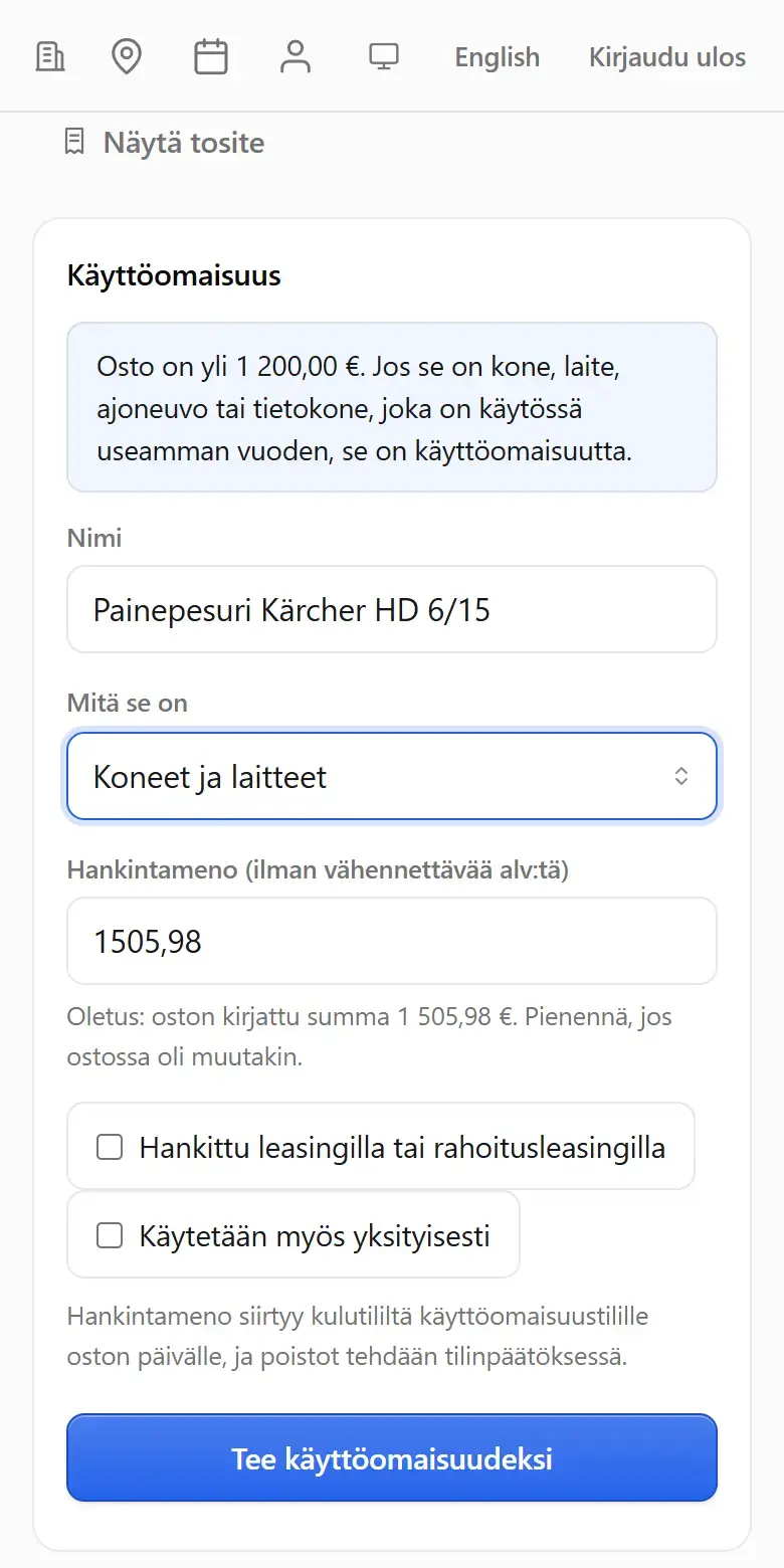 Vahvistetun oston kortti Käyttöomaisuus: osto on yli 1 200 euroa, nimi, ryhmä, hankintameno ja Tee käyttöomaisuudeksi