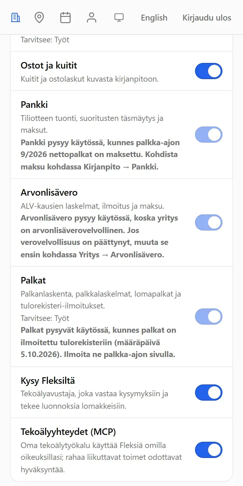 Kytkimet Pankki, Arvonlisävero ja Palkat, joiden alla lukee, miksi ne pysyvät käytössä