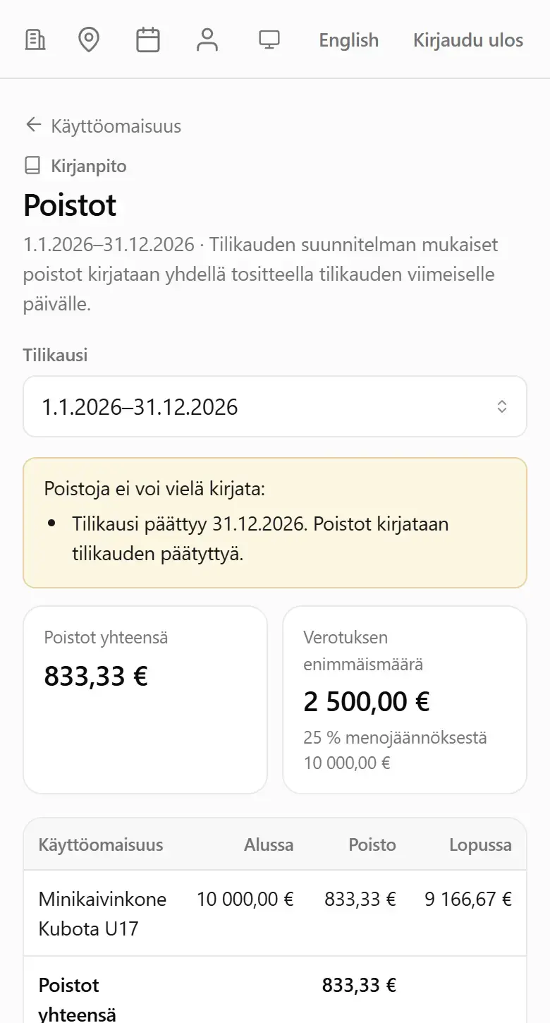 Poistot-sivu: tilikauden poistot 833,33 euroa, verotuksen enimmäismäärä ja poisto omaisuuksittain