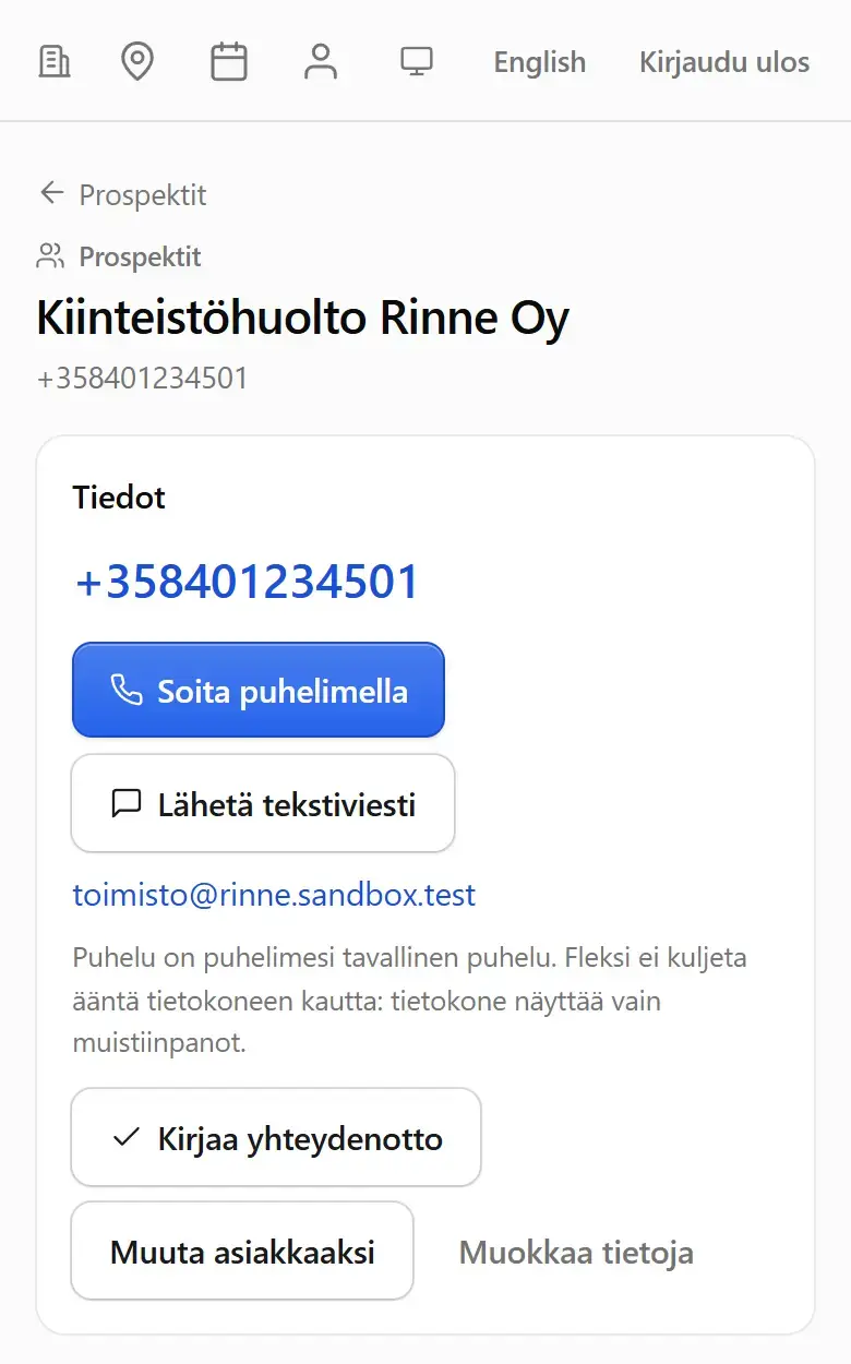Prospektin sivu: numero, Soita puhelimella, Lähetä tekstiviesti ja Kirjaa yhteydenotto
