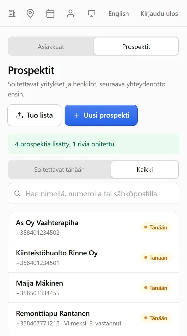 Prospektit-lista: Tuo lista, Uusi prospekti ja soitettavat päivineen