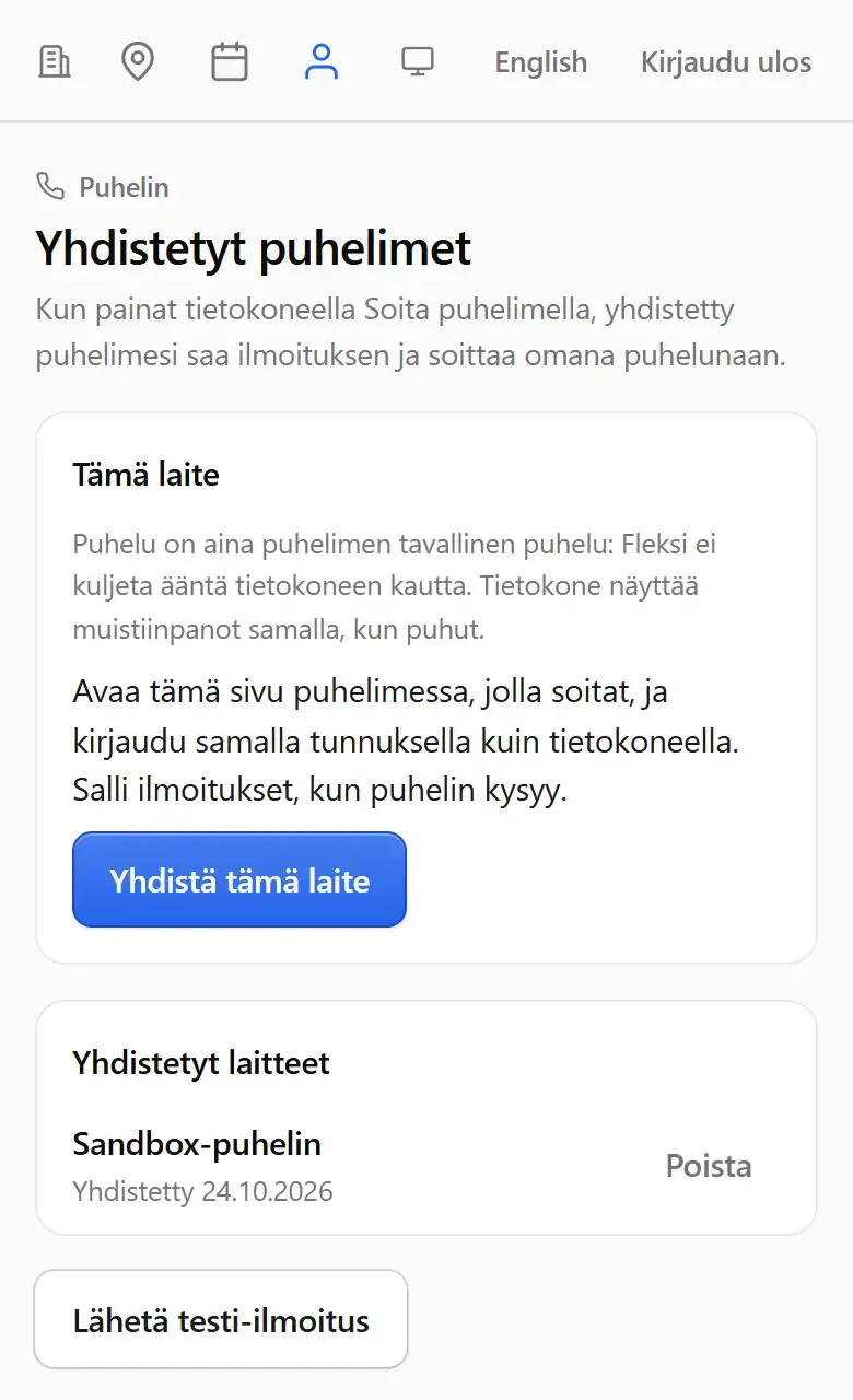 Yhdistetyt puhelimet: Yhdistä tämä laite ja yhdistetty puhelin, jolle voi lähettää testi-ilmoituksen