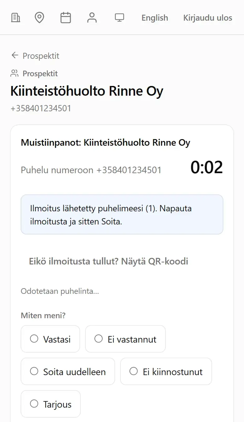 Tietokoneen muistiinpanot puhelun aikana: Ilmoitus lähetetty puhelimeesi, kulunut aika ja Miten meni?