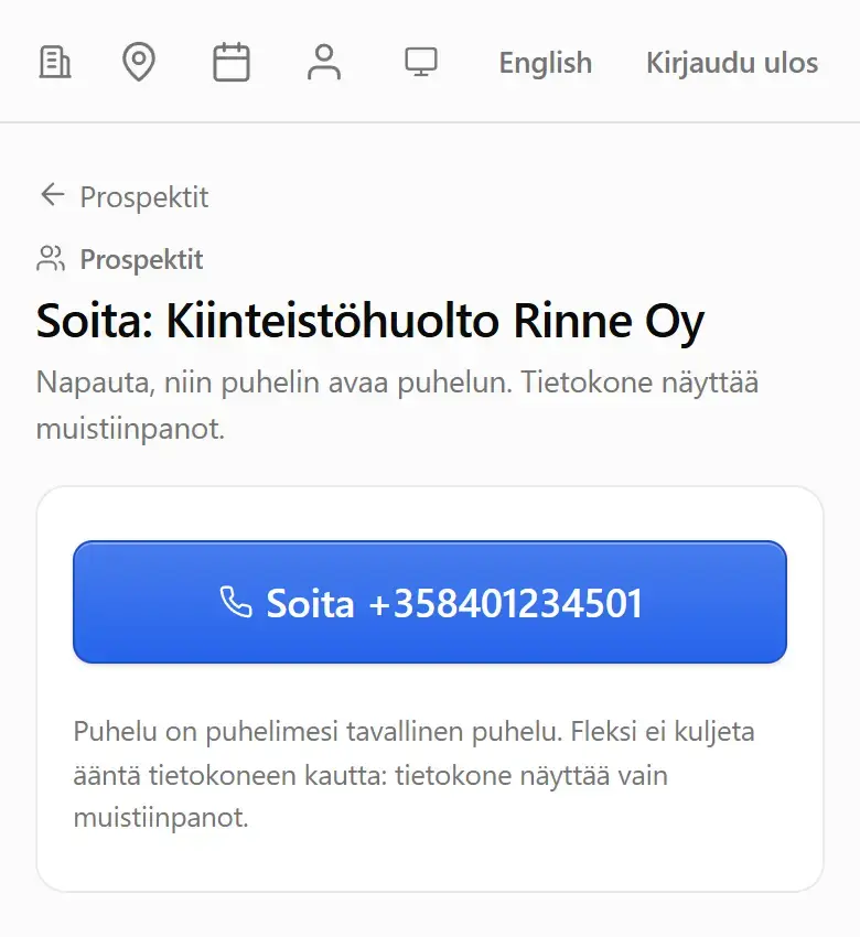 Puhelimen sivu Soita: Kiinteistöhuolto Rinne Oy ja painike Soita numeroineen